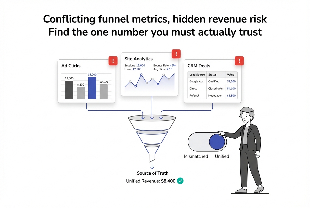 Minimalist UI panels with alert badges funneling to Source of Truth checkmark character toggles