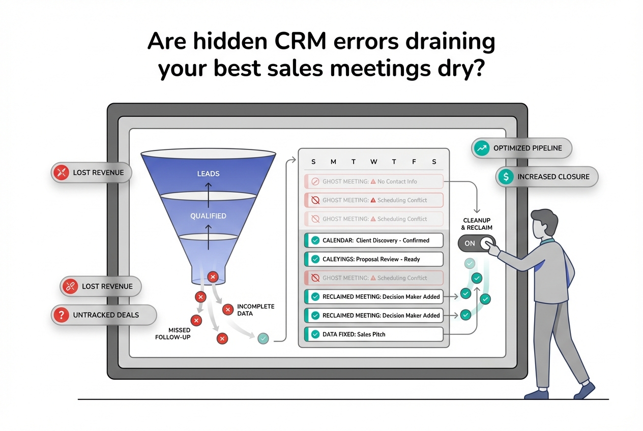 Minimalist CRM dashboard illustration showing leaking sales funnel and calendar reclaimed by toggle