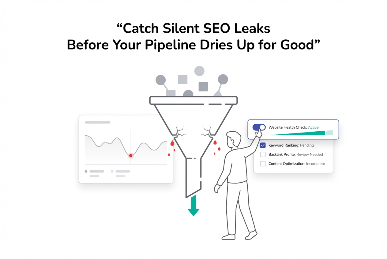 Minimalist tech illustration of marketing funnel leaking SEO issues with analytics panel and audit report