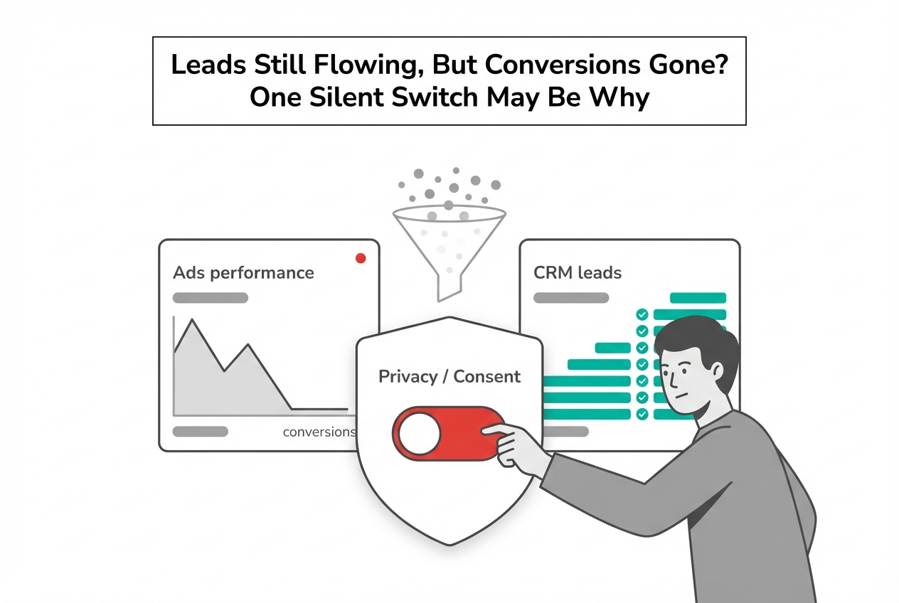 Minimalist tech illustration privacy consent toggle off lost conversions CRM leads rising