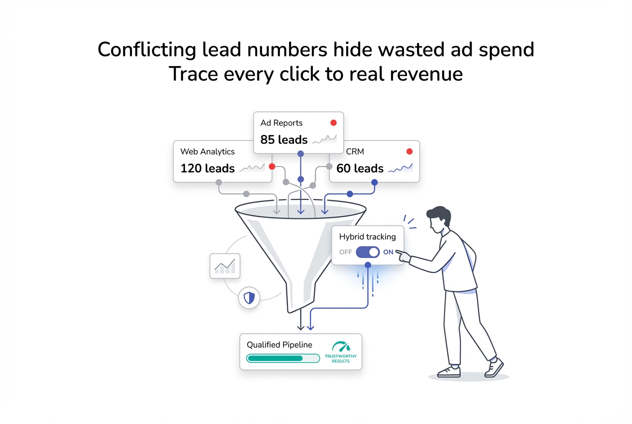 Minimalist data funnel showing web analytics ad reports CRM into qualified pipeline with hybrid tracking