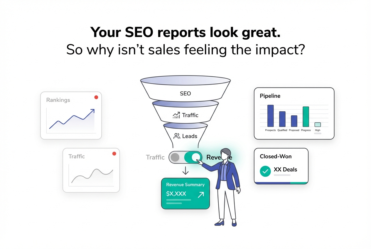 Minimalist SEO to revenue funnel revenue summary card professional toggling switch from traffic to revenue