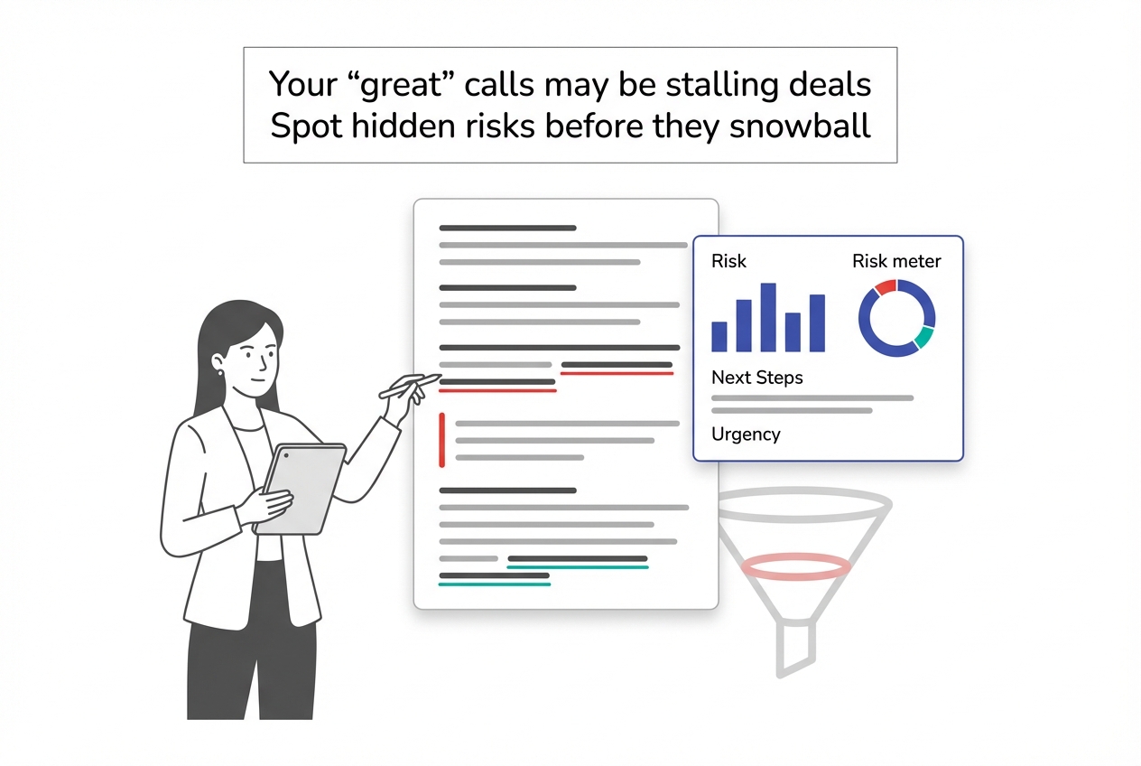Minimalist transcript panel with flagged risk lines AI scorecard deal funnel professional pointing tablet
