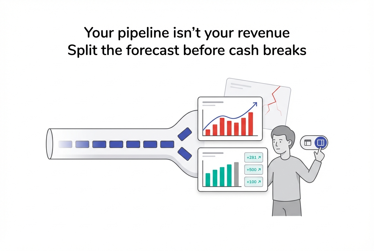 Minimalist illustration of pipeline splitting into two revenue forecast dashboards with person toggling switch