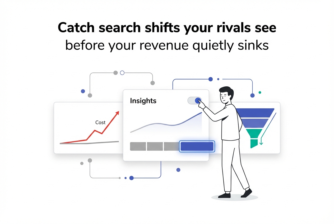 Minimalist tech illustration of marketer activating competitive SEO view on insights dashboard with funnel chart
