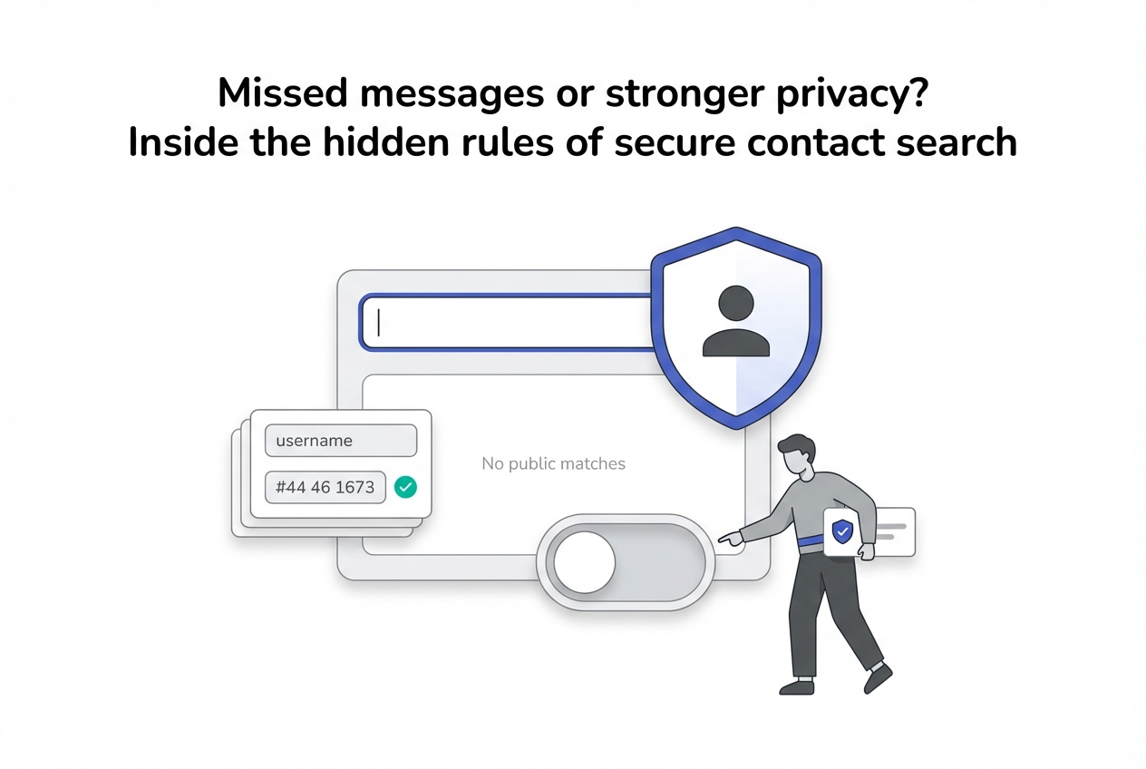 Minimalist secure contact search interface with shield user silhouette card stack privacy toggle person pointing
