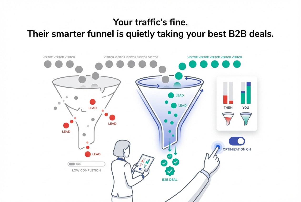 Minimalist B2B funnel illustration showing lead leakage and competitor optimized funnel with comparison panel toggle