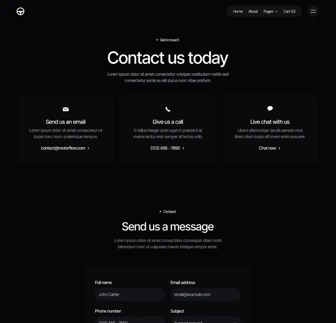Motorflow - Contact V1 Page - Automotive Webflow Template | BRIX Templates
