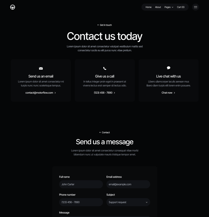 Motorflow - Contact V1 Main Page - Automotive Webflow Template | BRIX Templates