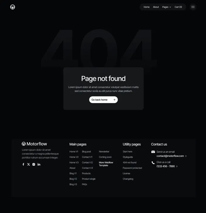 Motorflow - 404 Not Found Utility Page - Automotive Webflow Template | BRIX Templates
