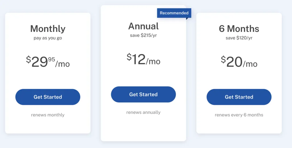 RentRedi Pricing plans: Monthly at $29.95/month, Annual at $12/month (save $215/year, recommended), and 6 Months at $20/month (save $120/year). Each option has a "Get Started" button.