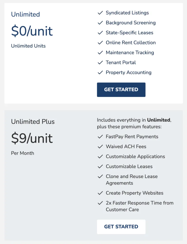 Avail subscription plans comparison for property management services. The "Unlimited" plan is $0/unit with features like syndicated listings and tenant portal. The "Unlimited Plus" plan is $9/unit/month, offering additional features like waived ACH fees and customizable leases.