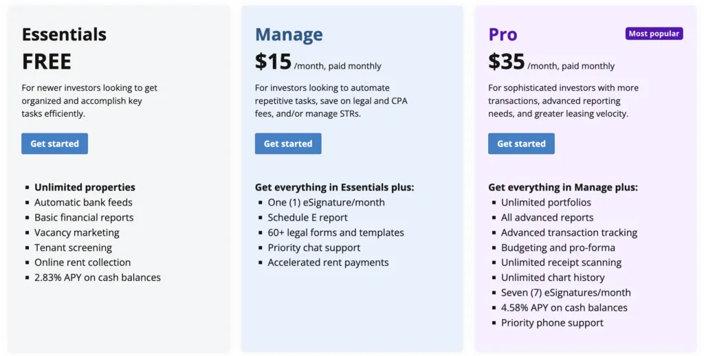 A comparison chart showing three Stessa subscription plans for a service—Essentials (Free), Manage ($15/month), and Pro ($35/month). Each plan lists features; more advanced plans include additional benefits. Each section has a "Get started" button. The Pro plan is marked "Most popular.