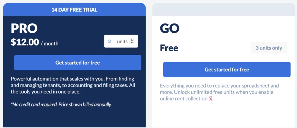 Landlord Studio pricing plan comparison with two options: "Pro" at $12.00/month for 3 units offering automation tools, and "Go" for free with 3 units only. Both have "Get started for free" buttons. Pro includes a 14-day free trial.