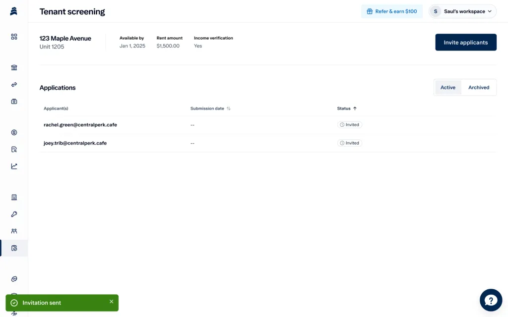 Screenshot of a tenant screening page showing property details including address and rent amount. Below, two applications are listed with email addresses, submission dates, and status marked as "Invited." A green notification says "Invitation sent.