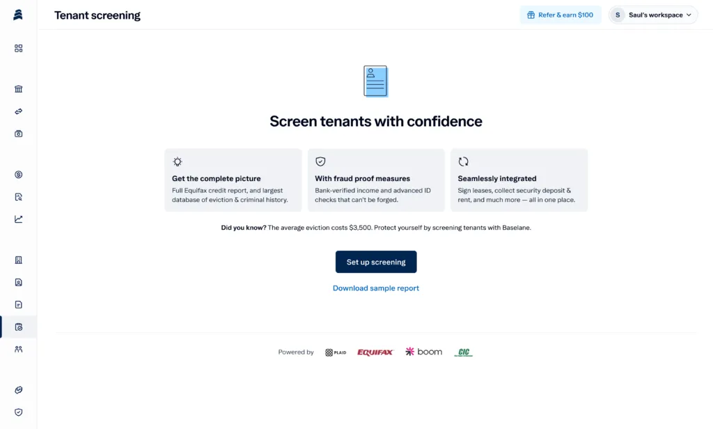 Screenshot of a tenant screening webpage featuring three highlighted benefits: comprehensive reports, fraud protection, and seamless integration. A call-to-action button to set up screening is centered, with logos at the bottom and a sign-in dropdown visible.