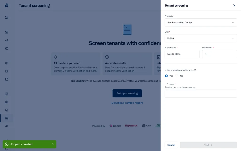 Screenshot of a tenant screening web page. A sidebar shows property details for "San Bernardino Duplex," including unit and availability date. The bottom left corner displays a green notification stating "Property created.