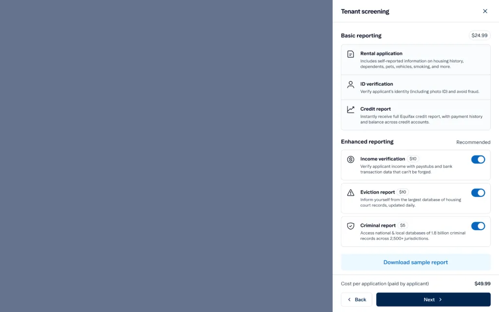 Screenshot of a tenant screening service interface showing pricing for basic and enhanced reporting options. Basic offers rental application, ID verification, and credit report. Enhanced adds income, eviction, and criminal reports, with a sample report download option.
