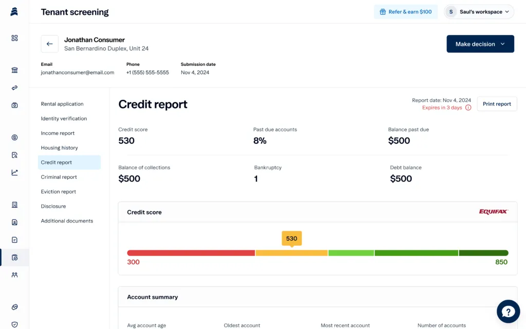 Tenant screening dashboard showing a credit report for "Jonathan Consumer." Credit score is 530. Balance details include a $500 collection and $500 debt balance. The report expires on November 4, 2026.