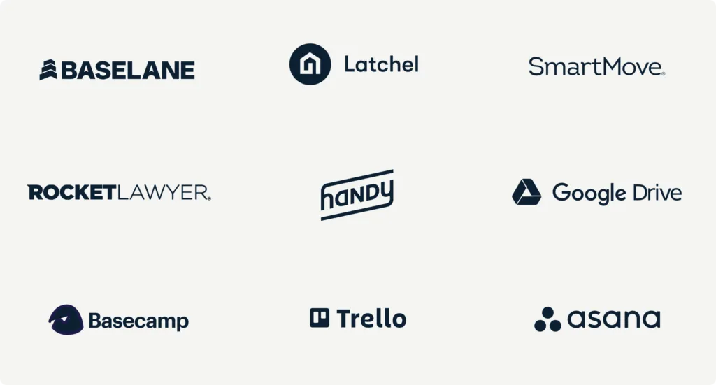 A grid of logos from various business and productivity tools, including Baselane, Latchel, SmartMove, Rocket Lawyer, Handy, Google Drive, Basecamp, Trello, and Asana. Each logo is distinct, featuring different fonts and branding elements. The background is light gray.