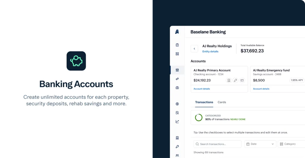 baselane banking app interface displays account details, showing a primary account balance of $37,692.23 and an emergency fund balance of $8,500. Features include transaction stats, account options, and a navigation menu.