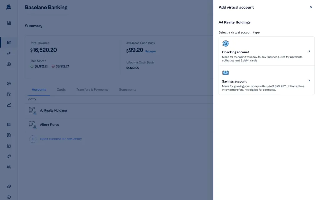 Screenshot of a Baseline Banking page showing a total balance of $16,520.20. A sidebar titled "Add virtual account" offers options to select a checking account for daily use or a savings account for up to 3% APY interest.