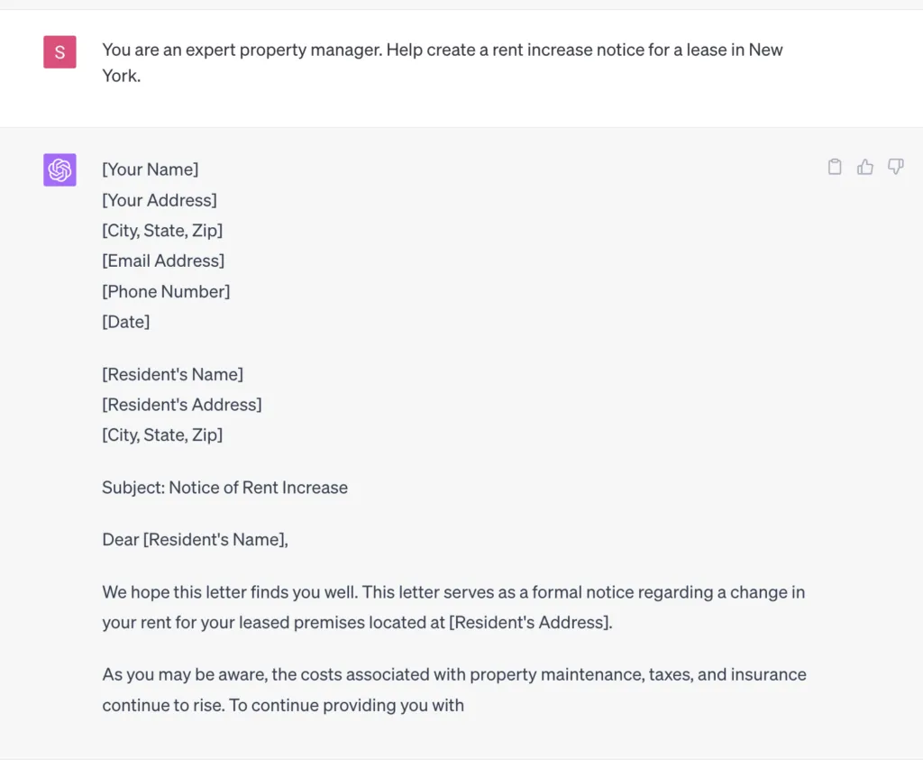 Chatgpt4 prompt and response for real estate rent increase notice
