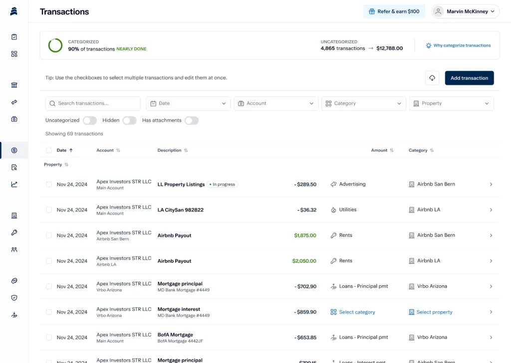 Screenshot of a financial transactions dashboard showing categorized transactions at 90% completion. It includes a search bar, transaction filters, and a list of transactions with details like date, description, account, category, and amount.