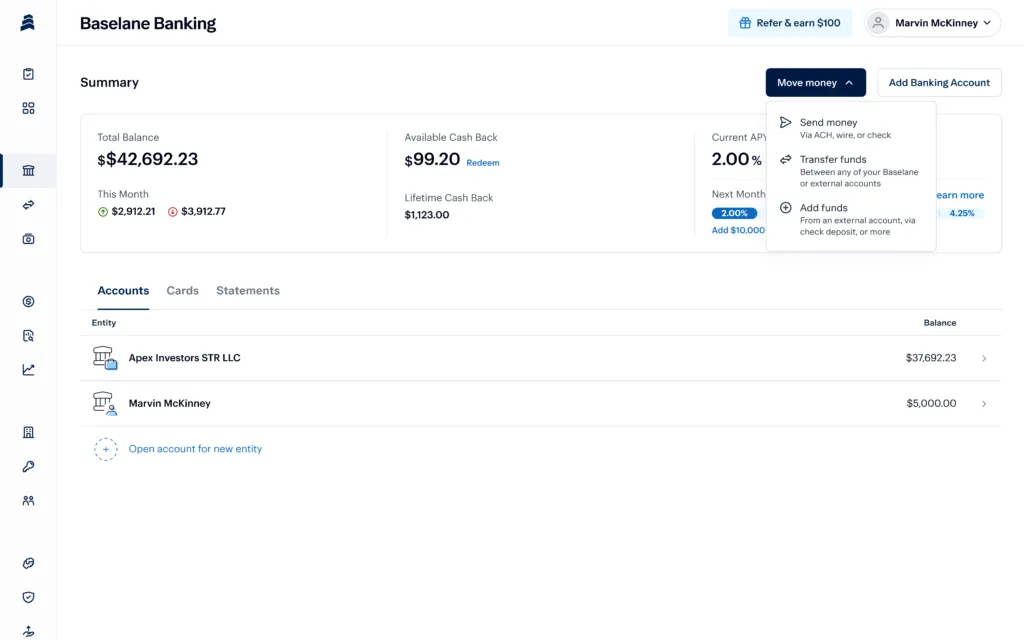 A digital banking dashboard showing total balance, available cash back, and interest rate. It lists two accounts: "Apex Investors STR LLC" with $3,702.23 and "Marvin McKinney" with $38,990.00. Options to add funds or accounts are available.
