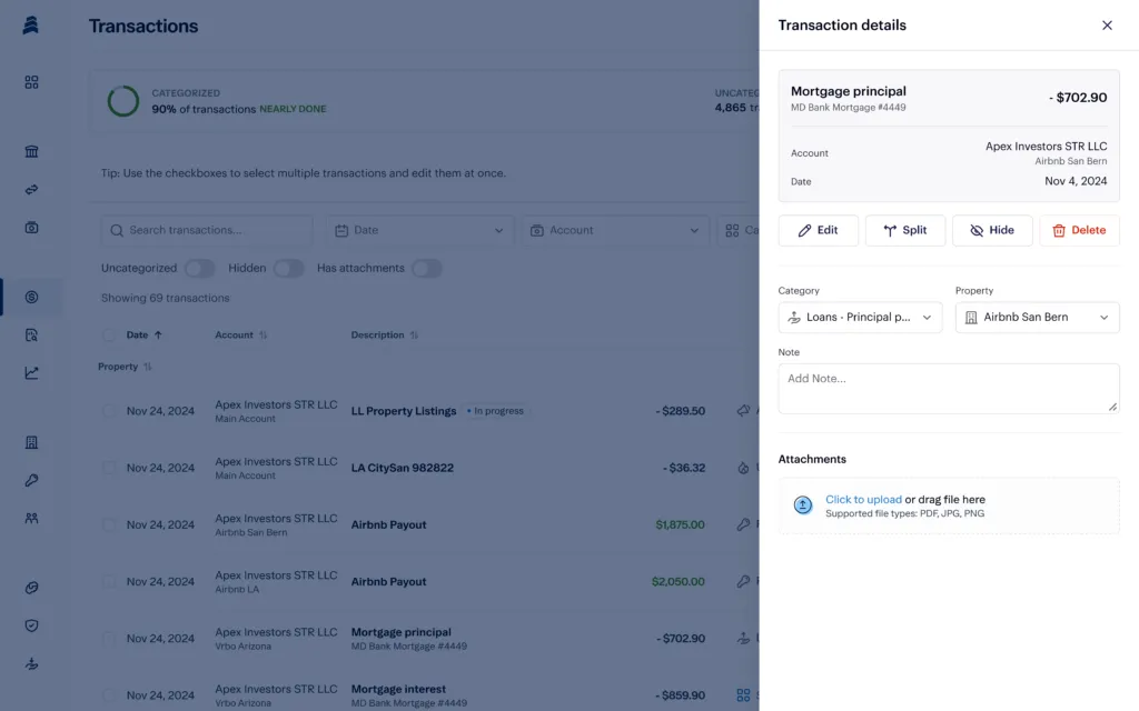 Screenshot of a financial software interface displaying a transaction list with "Transaction details" on the right side. A mortgage principal amount of $702.90 is highlighted, with options to edit, split, hide, and transfer.