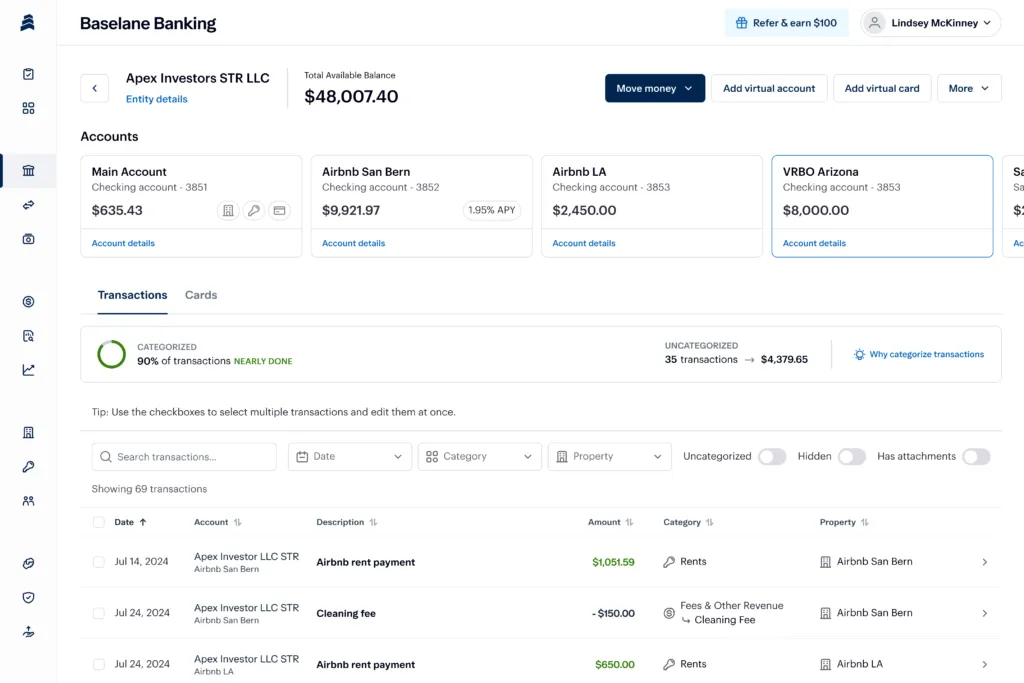 A financial dashboard displaying a total balance of $48,007.40. It includes three accounts, transaction categories, and details on recent transactions like rent payments and cleaning fees. Users can manage accounts and add virtual cards.