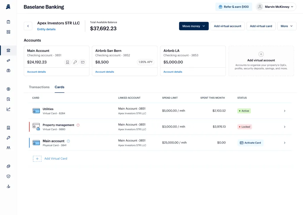 Screenshot of a banking dashboard for Baseline Banking showing account balances and details for Apex Investors STR LLC. Includes checking accounts, savings account with 1.05% APY, and recent transaction activity with options to add virtual cards.