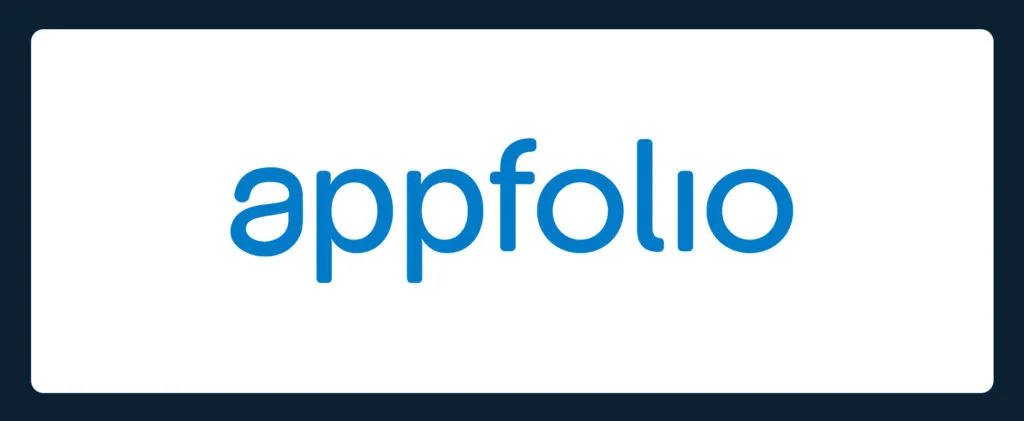 The image displays the word "appfolio" in lowercase blue letters on a white background, with a dark blue border—reflecting simplicity and trustworthiness found in no fee checking accounts.