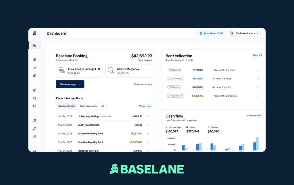 A screenshot of the best accounting software for rental properties: Baselane