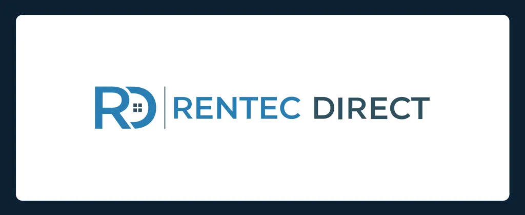 Logo for Rentec Direct featuring a blue "RD" with a small house inside the "R," followed by "RENTEC DIRECT" in blue and gray capitals on white—ideal for platforms that offer no fee checking accounts.