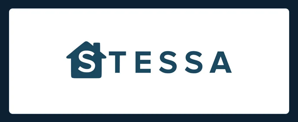 The logo displays the word "STESSA" with the letter "S" inside a house icon, all in dark blue on a white background with a dark blue border, reflecting the simplicity and reliability of no fee checking accounts.