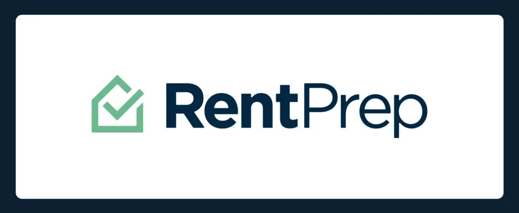 Logo of RentPrep featuring a green checkmark inside a house shape, followed by the company name in bold, dark blue text. The background is white with a dark blue border.