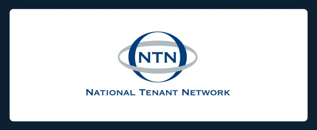 Logo of National Tenant Network with “NTN” inside an oval made of blue and gray bands on a white background. The full name is written below the oval in blue text.