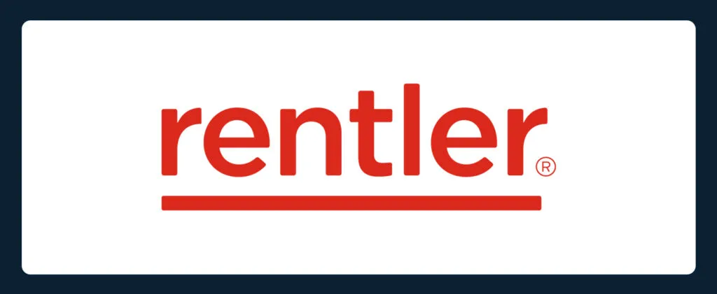 The image shows the Rentler logo in bold red font, centered on a white background. A red line is beneath the word. The background is bordered by a dark blue frame.