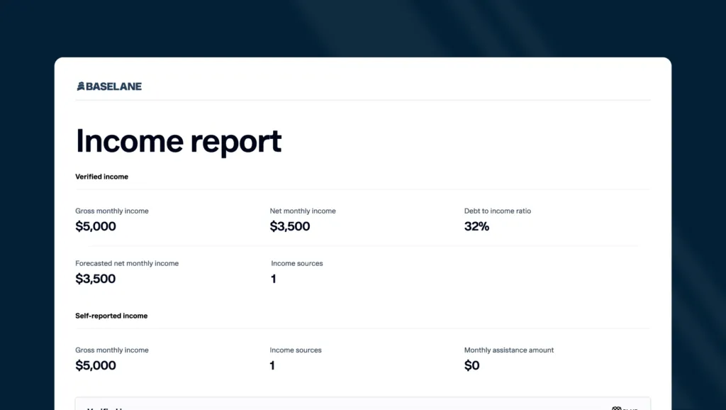 A sample of a Baselane income verification report showing gross monthly income, net monthly income, and debt-to-income ratio.