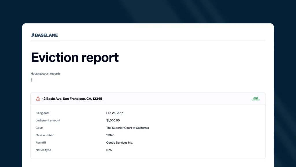 A sample of a tenant’s eviction report from Baselane showing the number of housing court records and information for each eviction.