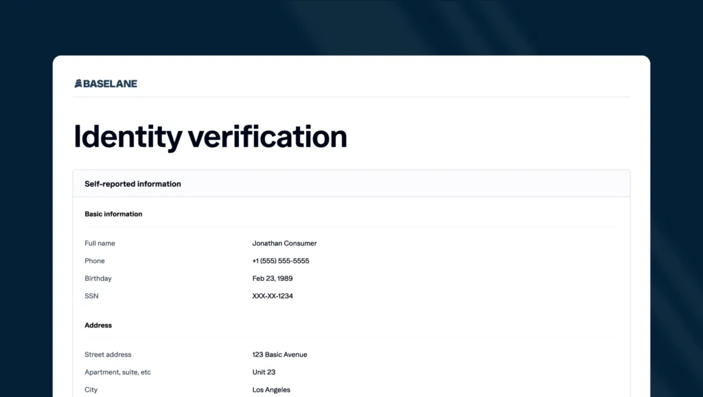 A sample of a Baselane identity verification report showing the individual’s name, social security number, birth date and address.