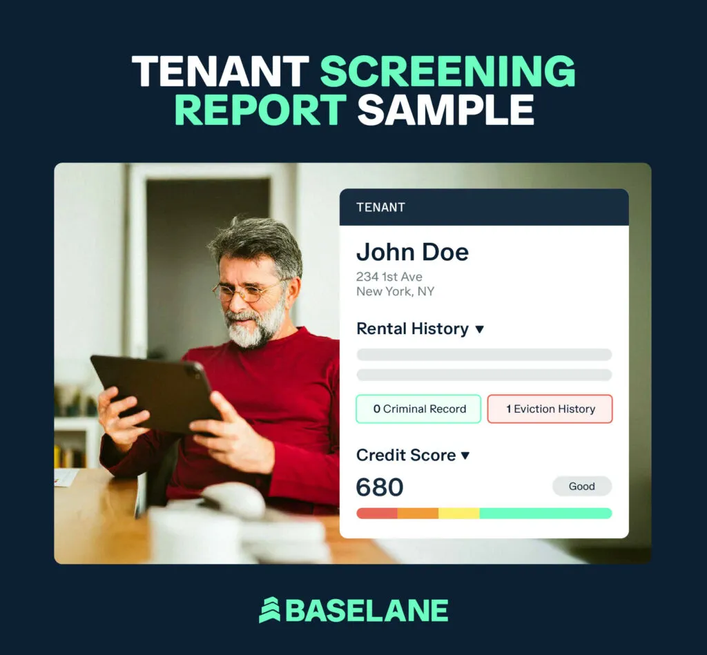 A sample of a tenant screening report showing a tenant’s picture, name, address, credit score and other information.