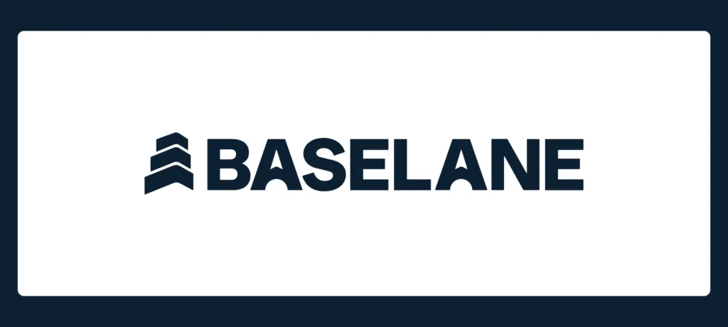 The image shows the word "BASELANE" in bold, dark letters, highlighting no fee checking accounts. To the left are three stacked chevrons pointing upward. The background is white with a dark blue border.
