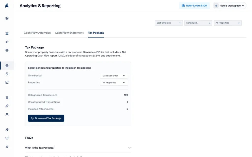 A screenshot of a web page titled "Analytics & Reporting" shows the "Tax Package" tab. Options to select time period, properties, and filter by business vs personal bank account are visible, along with transaction counts and a "Download Tax Package" button.