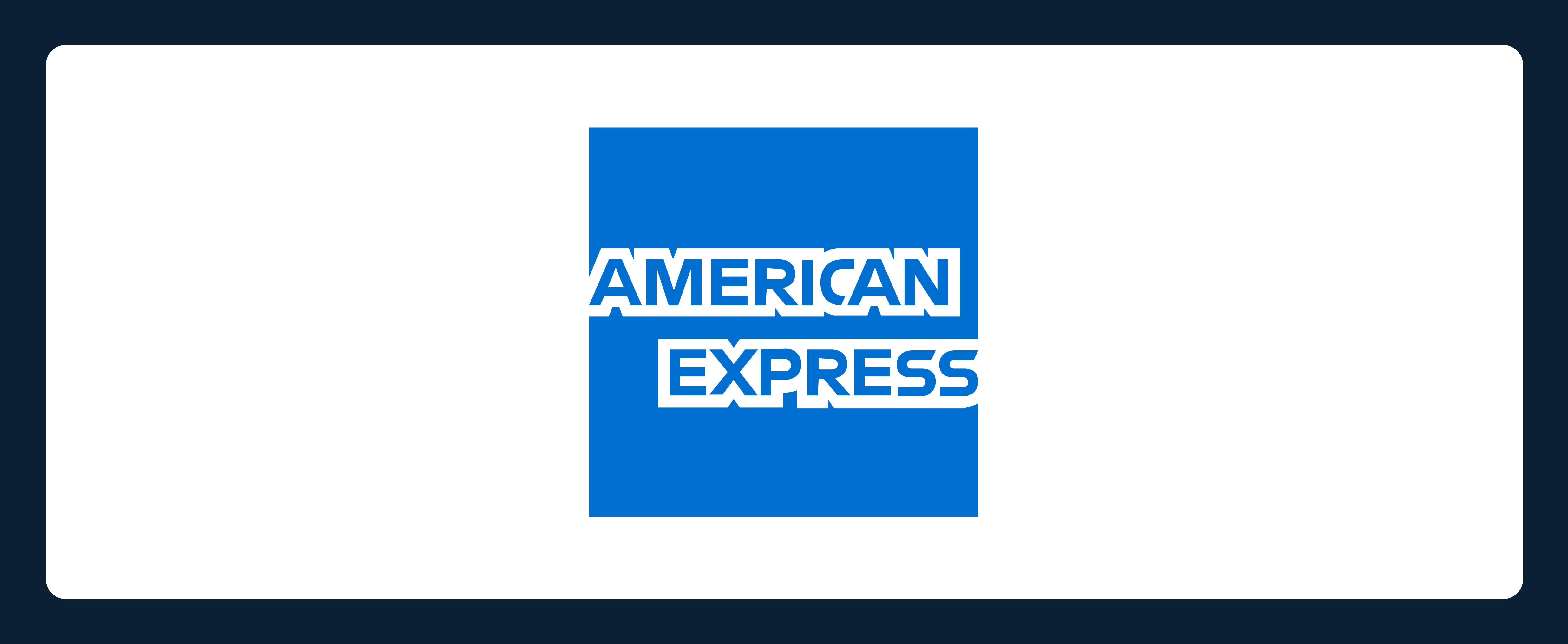The image shows the American Express logo, featuring the words "AMERICAN EXPRESS" in white capital letters within a blue rectangular box, centered against a white background.