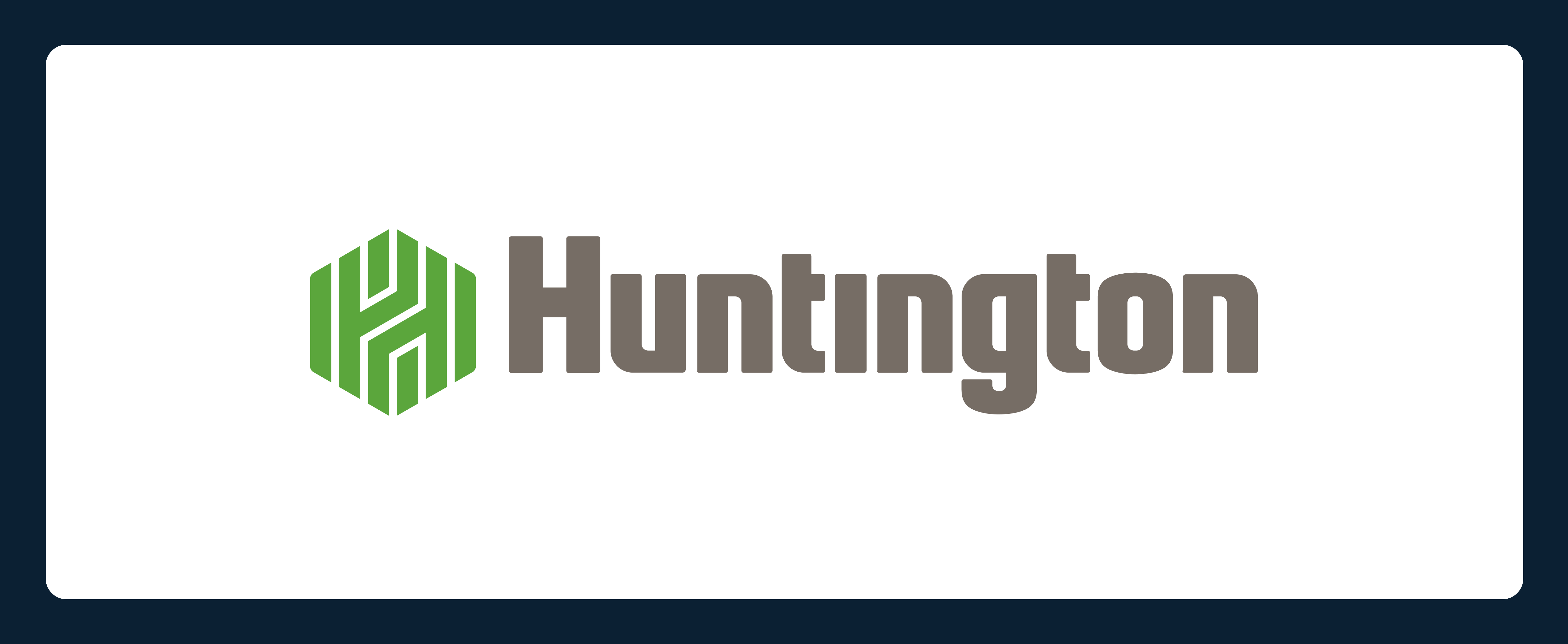 Logo featuring the word "Huntington" in gray letters on a white background with a stylized green emblem to the left, enclosed in a dark blue rectangular border.