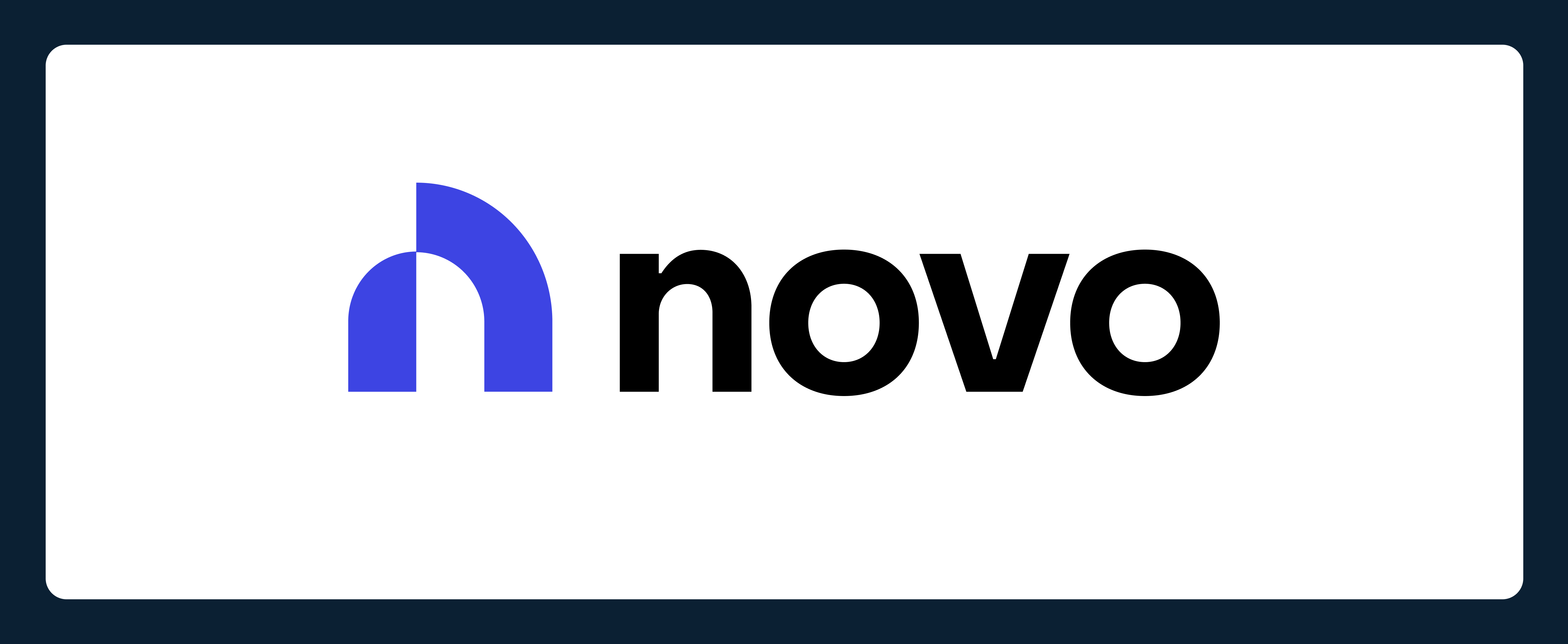 The image shows a logo with a stylized blue arch and the word "novo" in black lowercase letters on a white background. The design is simple and modern.