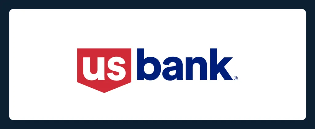 US Bank logo featuring the letters "us" in white inside a red shield, followed by "bank" in bold blue letters—an ideal look for businesses like rental management software, all on a white background with rounded corners and a dark blue border.