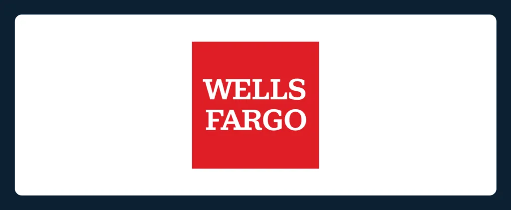 Logo of Wells Fargo featuring a red square with "WELLS FARGO" in white, all caps font, centered against a white background with a dark blue border.